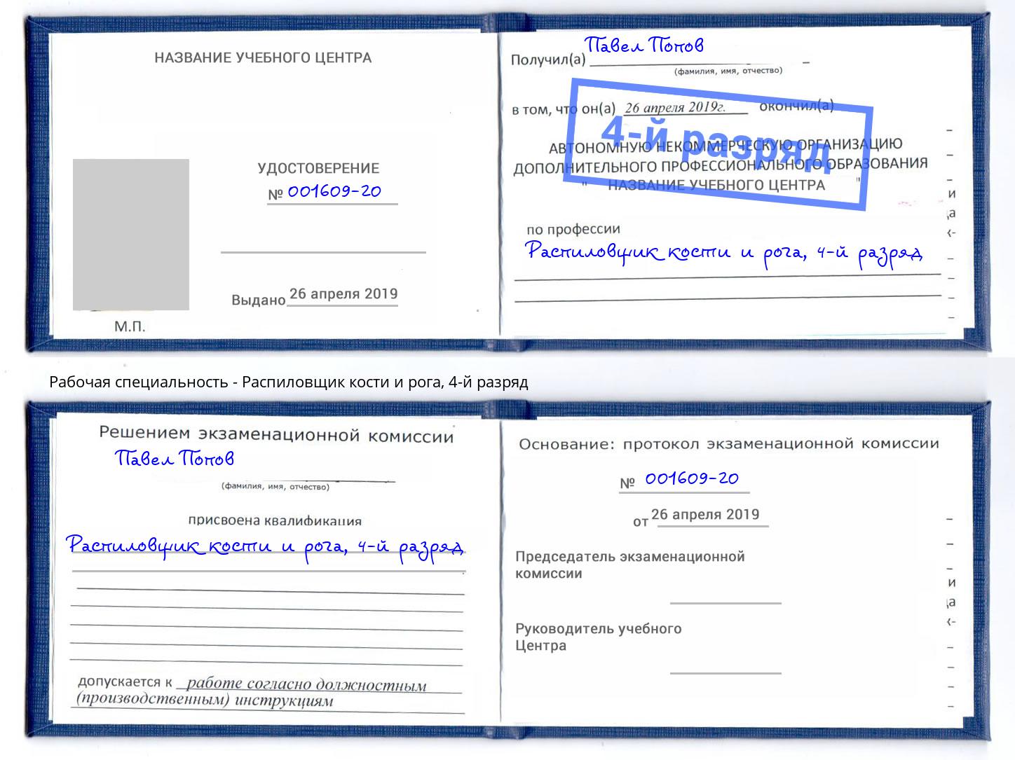 корочка 4-й разряд Распиловщик кости и рога Сосновый Бор