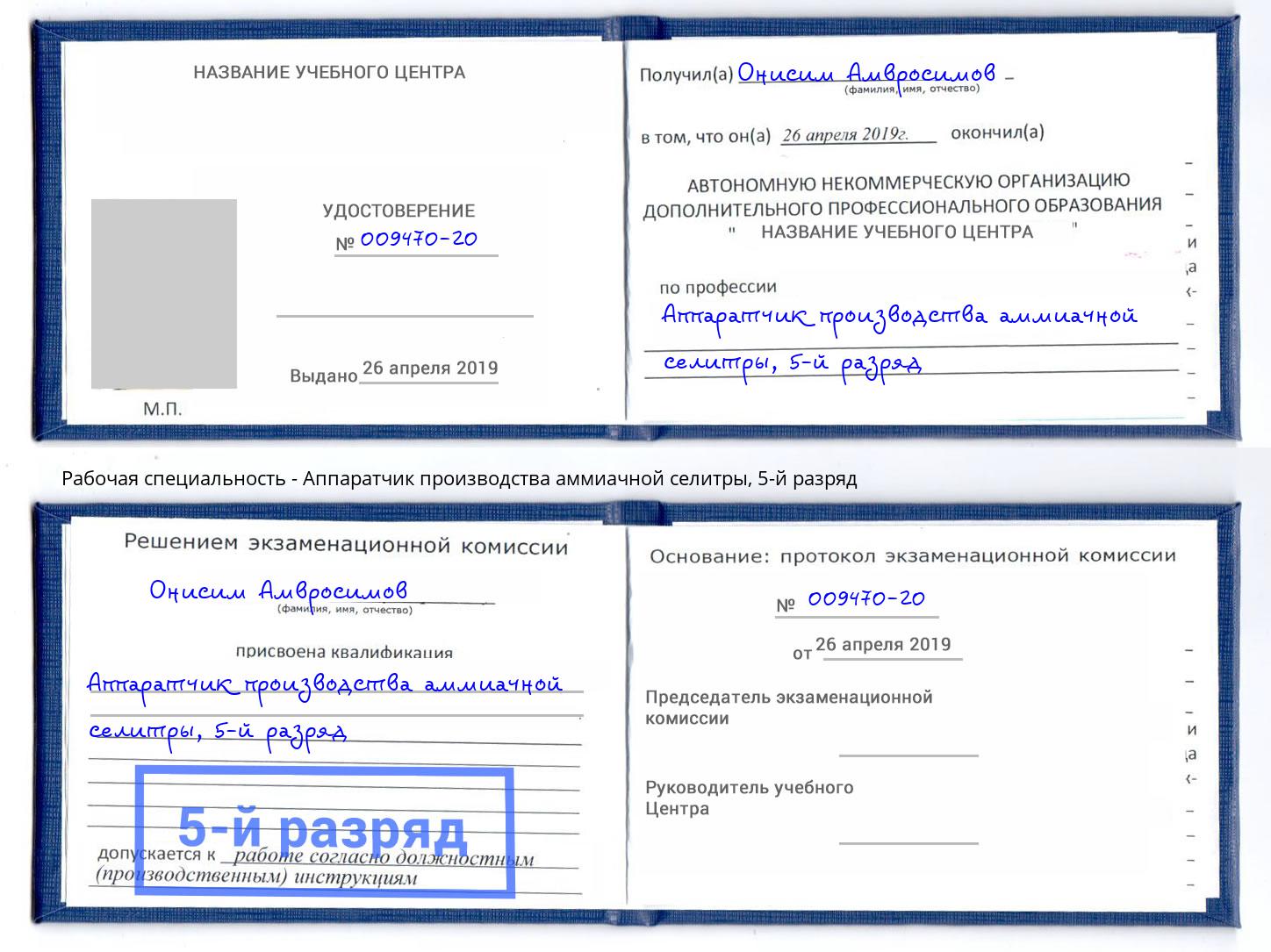 корочка 5-й разряд Аппаратчик производства аммиачной селитры Сосновый Бор