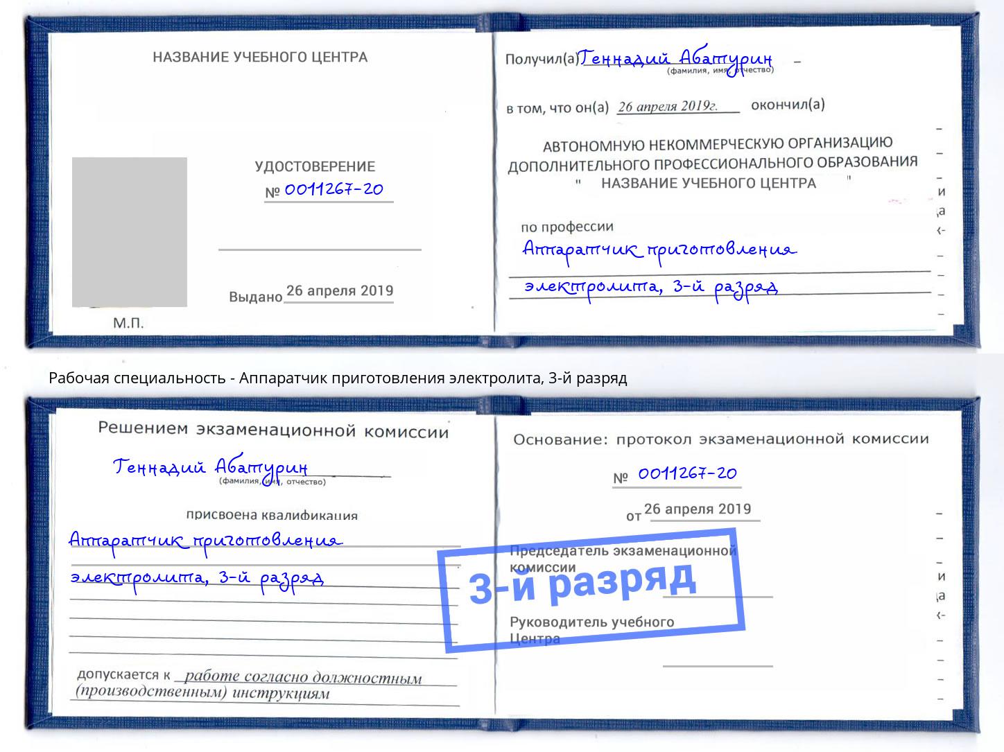 корочка 3-й разряд Аппаратчик приготовления электролита Сосновый Бор