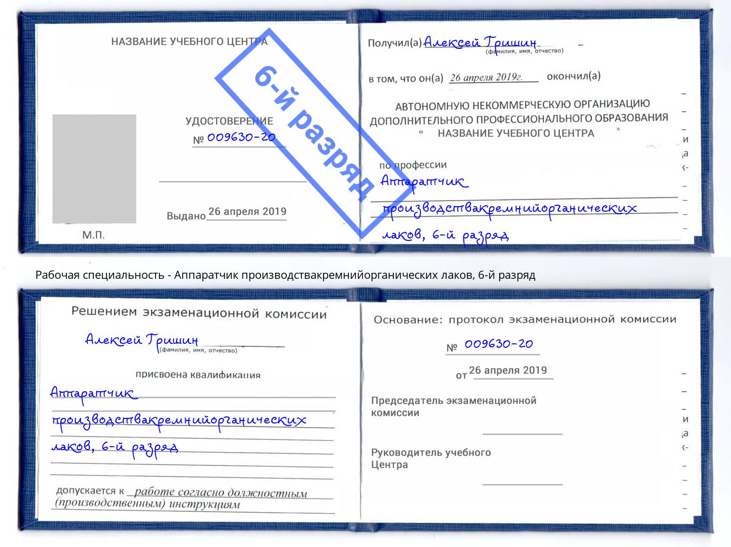 корочка 6-й разряд Аппаратчик производствакремнийорганических лаков Сосновый Бор