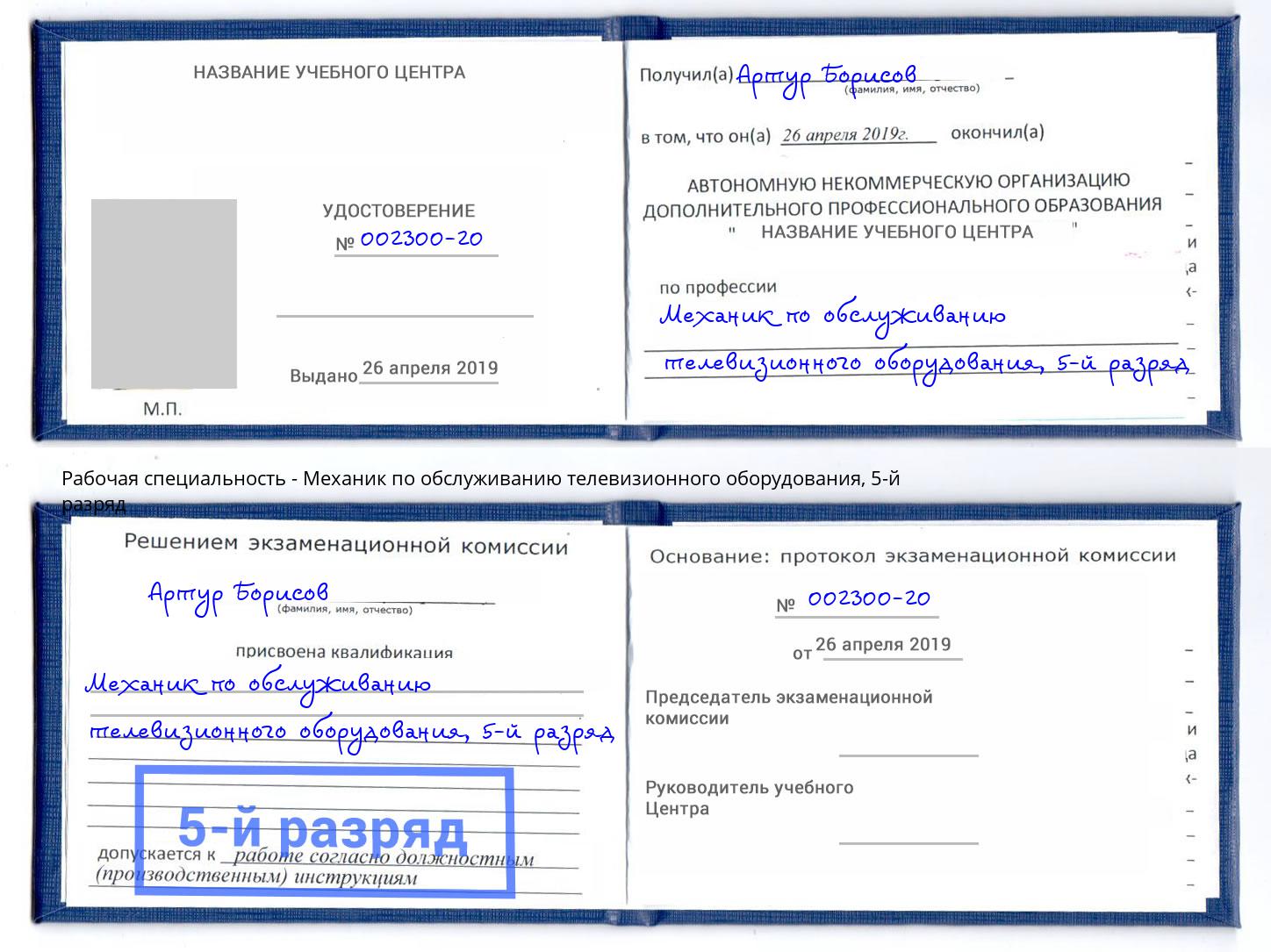 корочка 5-й разряд Механик по обслуживанию телевизионного оборудования Сосновый Бор