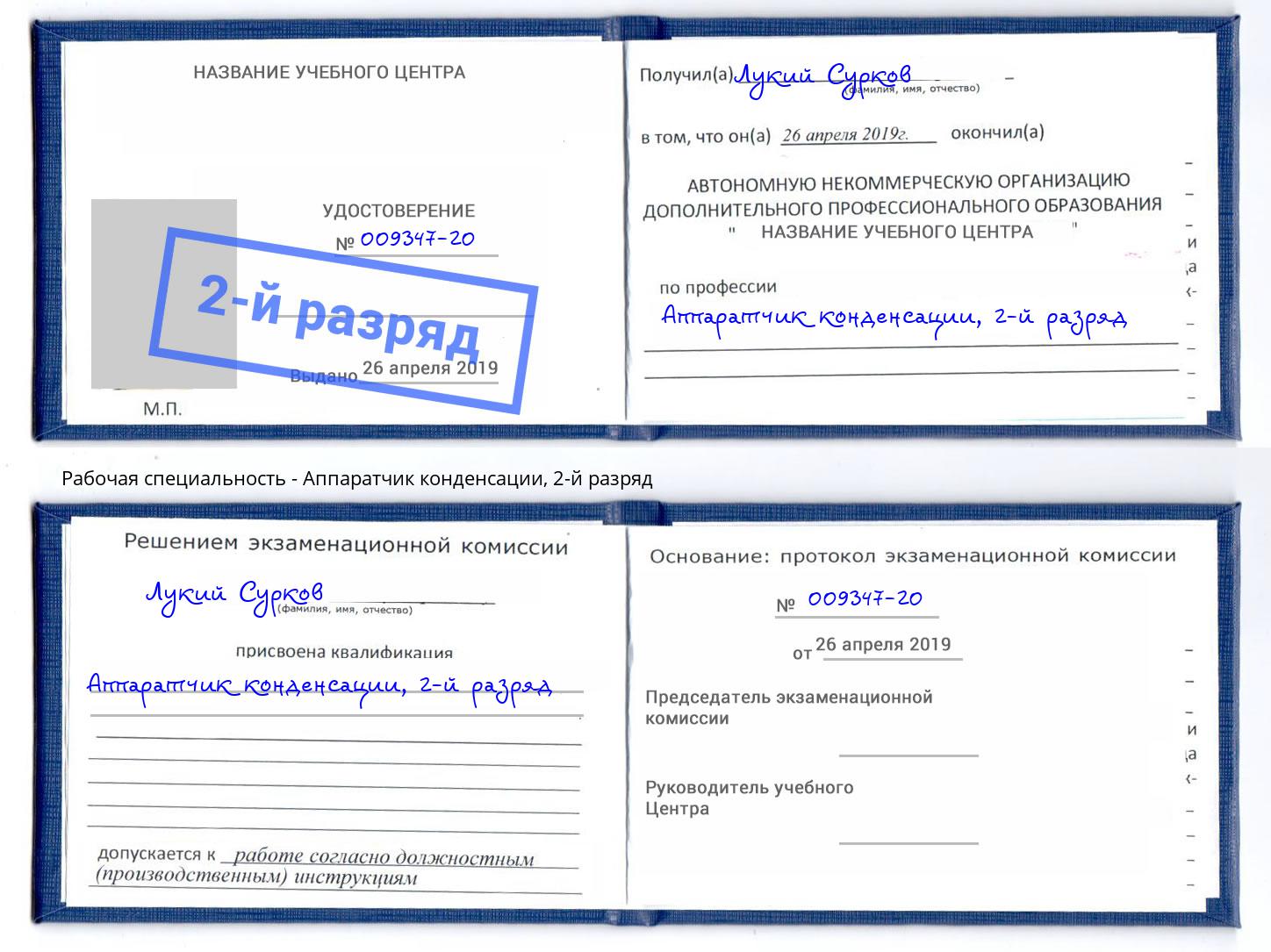 корочка 2-й разряд Аппаратчик конденсации Сосновый Бор